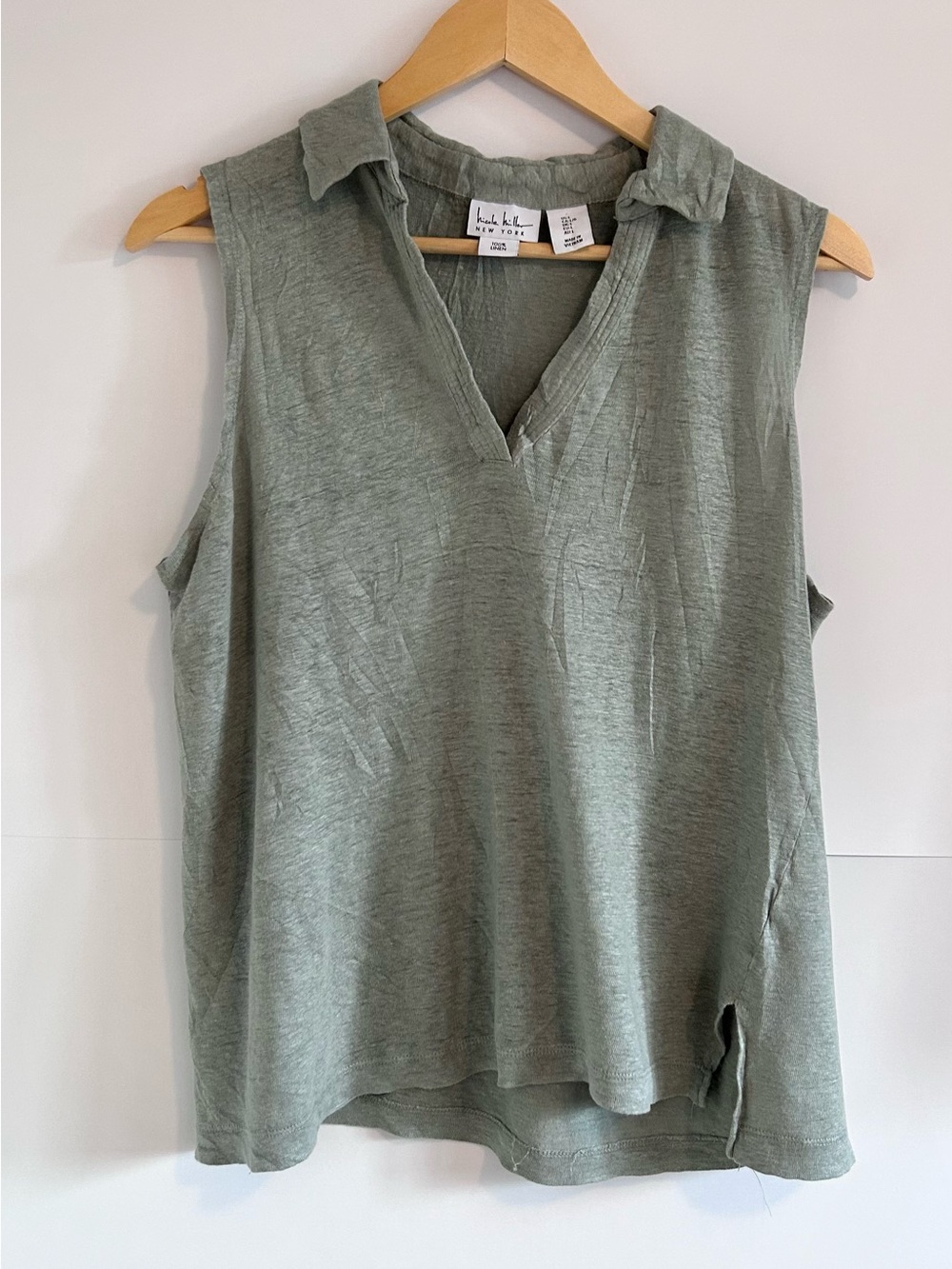 Nicole Miller Linen Sleeveless Collared Top Coastal Sage Green Women’s Large